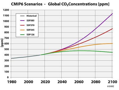 Figure 4: The gray line depicts the past increase in the mean CO2 concentration; the colored lines show the development of the mean CO2 concentration corresponding to the SSP scenarios. 