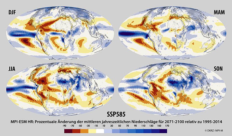 Abbildung 2: MPI-ESM-HR: Prozentuale Niederschlagsänderungen für 2071-2100 gegenüber 1995-2014 für die vier Jahreszeiten bei SSP585