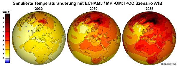Verlauf der simulierten Temperaturänderungen auf Basis des Hamburger Modells ECHAM5/MPI-OM