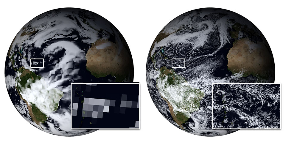 Simulierte Wolken. Links: MPI-ESM HR (80km), rechts: ICON R2B10 (2,5km)