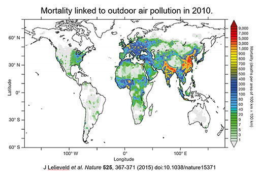 Zusammenhang zwischen Sterblichkeit und Luftverschmutzung für 2010. ----- Mortality linked to outdoor air pollution in 2010.