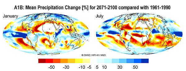 IPCC A1B Precipitation Change (Summer/Winter) with ECHAM5/MPI-OM