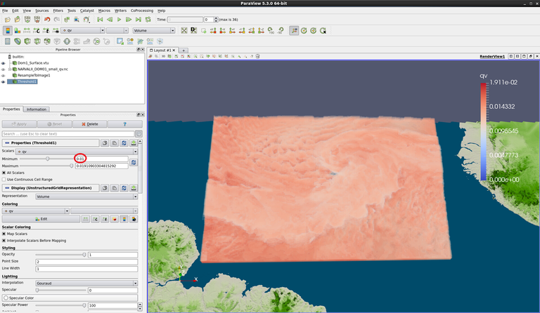 Volume rendering with minimum threshold of 0.01
