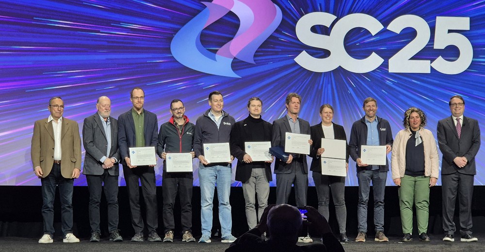 Gordon Bell Prize for Climate Modelling 2025 Representatives of the research team from MPI-M, DKRZ, JSC, ETH Zurich, the Swiss National Supercomputing Centre, the University of Hamburg, and NVIDIA accepted the Gordon Bell Prize for Climate Modelling at the SC25. Credit: DKRZ