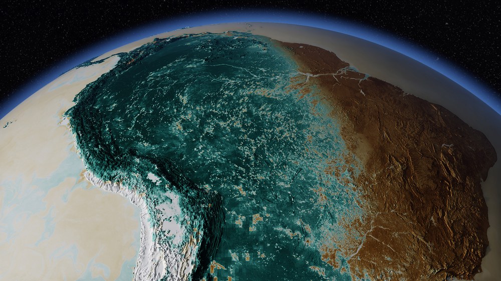 ICON R2B11: CO₂ exchange at 1.25 km resolution Using the example of CO₂ exchange between the air and the sea or the air and land in the Amazon basin, the visualization illustrates the unprecedented resolution achieved with ICON. Green colors indicate CO₂ uptake by the terrestrial biosphere or the ocean, while brown colors indicate CO₂ release into the atmosphere. At night, the rainforest releases CO₂ (right side of the image). Credit: MPI/DKRZ/NVIDIA
