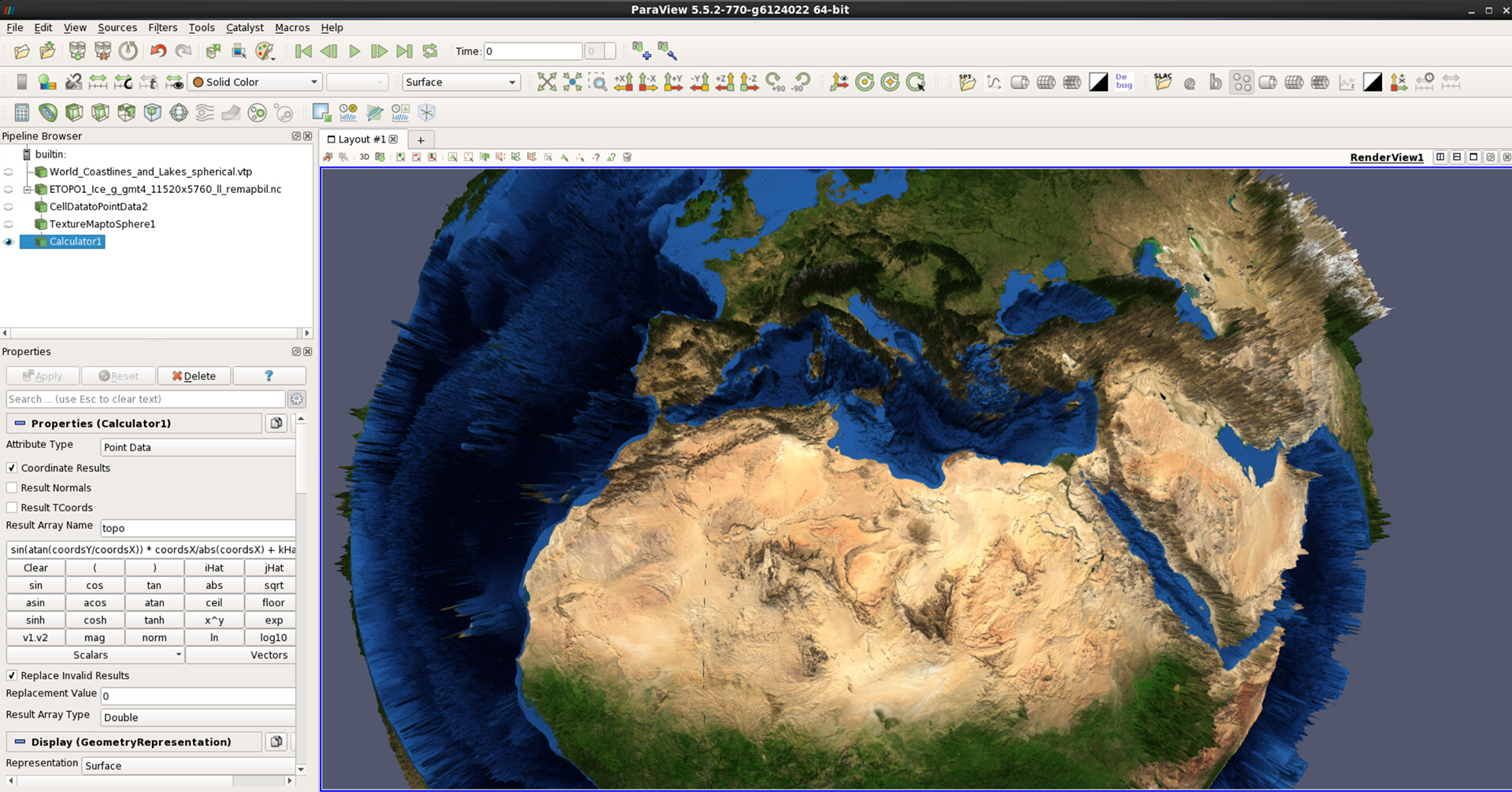 Earth with texture map and exaggerated topography represented as surface