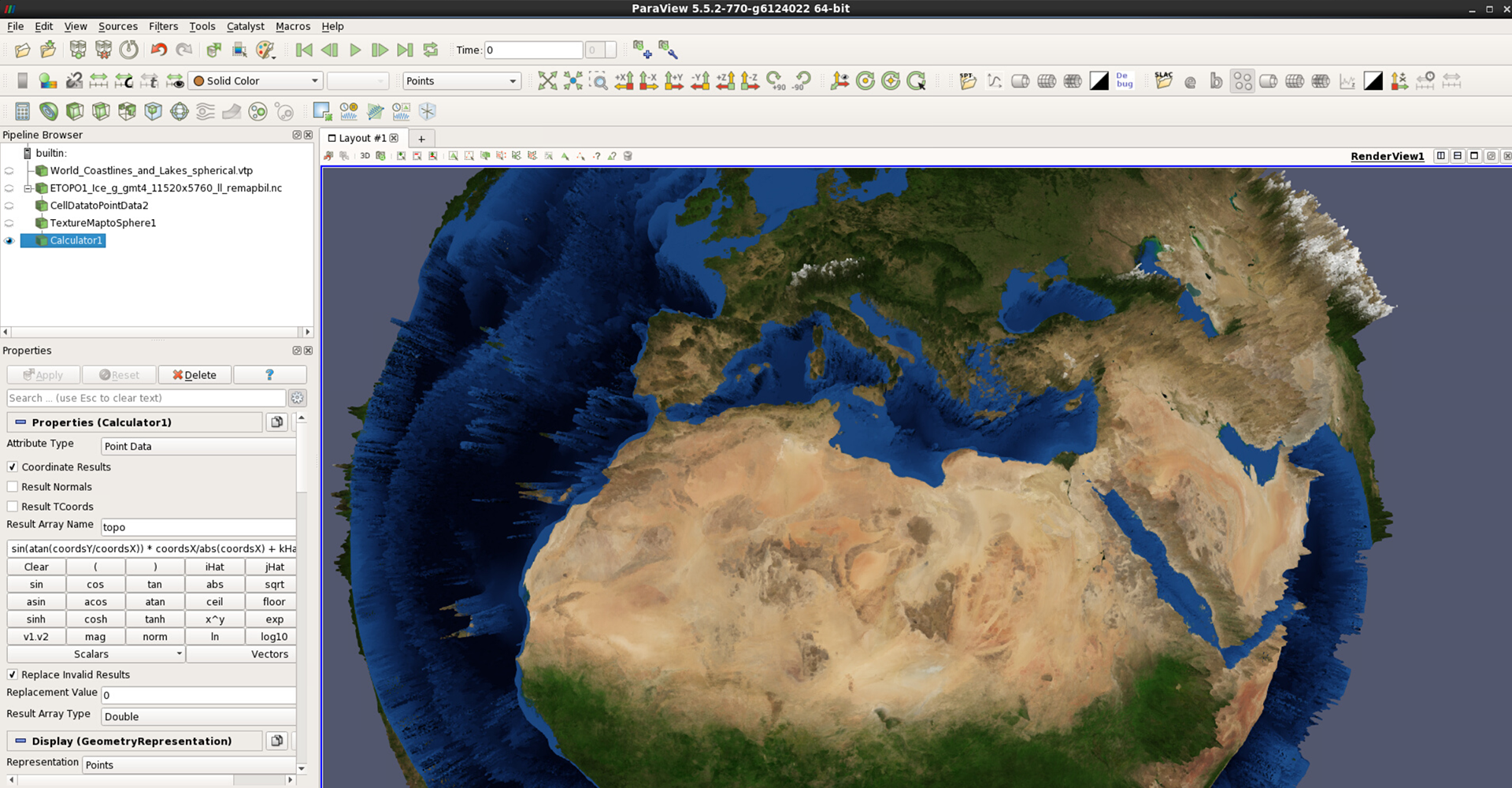 Earth with texture map and exaggerated topography represented as points