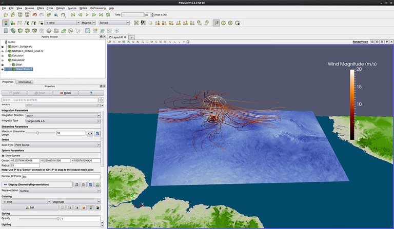 Streamlines of wind speed colored by wind magnitude
